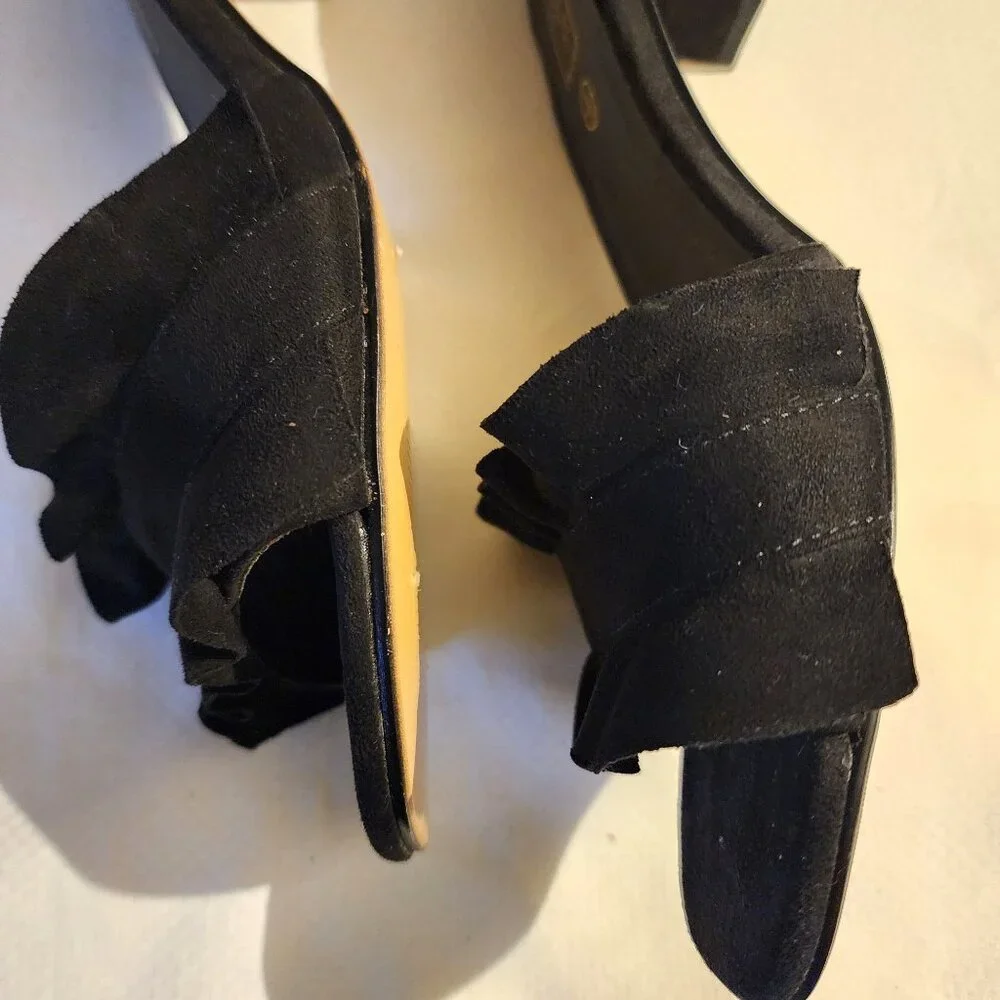 Elegant Blk Sueded Velvet Ruffle‎ Office Siren Cocktail Heel Slide Sz. 39/US 9